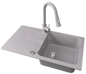 Gránit mosogató NERO Malta + kihúzható zuhanyfejes Snake csaptelep + dugókiemelő (szürke)