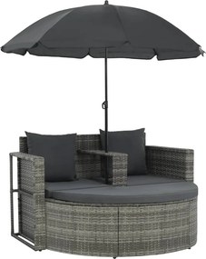 vidaXL szürke 2 személyes polyrattan kerti kanapé párnákkal/ernyővel