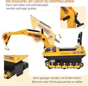 HOMCOM Ride-on kotrógép kanállal és kürttel, gyermek kotrógép tárolóval az ülés alatt, sárga