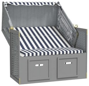 Kék és fehér polyrattan és tömör fa strandszék tetővel