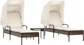 vidaXL 2 db barna polyrattan napozóágy tetővel és asztallal