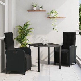3 Darabos Kerti Étkezőasztal Párnákkal Fekete Polirattan, Kerti Asztal Fekete 80x80x73 cm Edzett Üveg