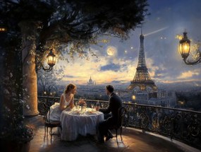 Vászonkép Canvas Párizs Torony Terasz Kilátás Pár Vacsora Este 80x60