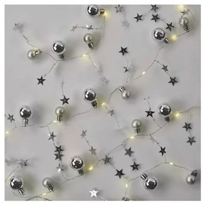 LED karácsonyi fényfüzér – ezüst gömb csillagokkal,1,9m, 2xAA, beltéri, meleg fehér, időz.