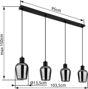 Globo 15627-4 Függeszték fém fekete matt, füstszínű üveg, fekete PVC kábel, magassága lerövidíthető, HxSzxM: 1035x135x1500mm, 4x E27 40W 230V izzók nélkül