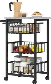 HOMCOM Konyhai Kocsi Zöldségkocsi 3 Csúszkáló Kosárral és Acél Vázszerkezettel, Görgős Segédkocsi Étkezőbe 49,5x31x69 cm Világosszürke | Aosom