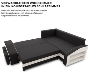 Grande sarokkanapé polcokkal és puffokkal , polc a jobb karfaban puffok a bal karfaban, jobboldali, szövet anyag, bonell töltet, fekete - fehér