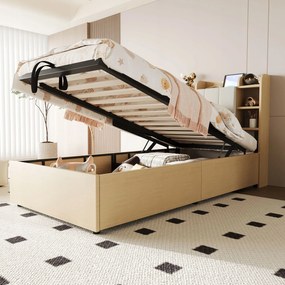 Fa ágy 90 x 200cm, hidraulikus Egyszemélyes ágy Usb Type-C fa