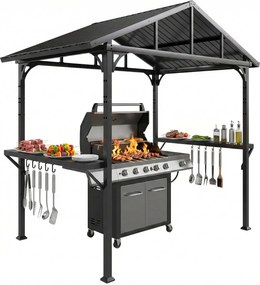 Outsunny BBQ Shelter Gazebo 252 x 156 x 248 cm Steel Hard Top with 2 Side Shelves & Hooks — Outdoor Grill Canopy for Patio, Garden, Yard, Black | Aoso