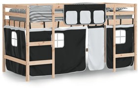 fehér-fekete tömör fenyő gyerek galériaágy függönnyel 90x190 cm