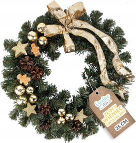 Arany színű, díszített karácsonyi koszorú, kopogtató, asztali dísz, fali dekoráció, 35 cm