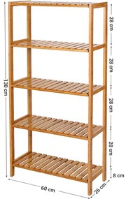Bambusz polc fürdőszobai, konyhai tároló 5 szintes, natúr 130x26x60cm