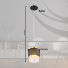 Globo 15709H Függeszték fém fekete matt, üveg átlátszó, fém sárgaréz színű, kábel textil fekete, magassága állítható, ø: 180mm, M: 1200mm, 1x E27 60W 230V izzó nélkül