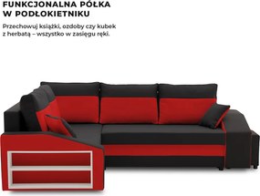 Grande sarokkanapé polcokkal és puffokkal , polc a bal karfaban puffok a jobb karfaban, baloldali, szövet anyag, bonell töltet, fekete - piros