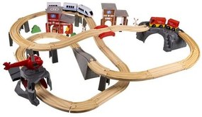 Fából készült vasútpálya szett gyerekeknek, elektromos vonattal, kiegészítőkkel, 4,8 m-es pályával, 70 db-os készlet
