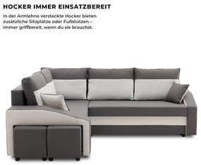 Grande sarokkanapé polcokkal és puffokkal , polc a jobb karfaban puffok a bal karfaban, baloldali, szövet anyag, bonell töltet, szürke - fehér