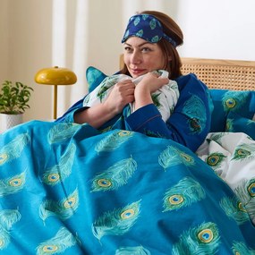 Fehér-kékeszöld kétszemélyes pamut ágyneműhuzat 200x200 cm Peacock Feather – Their Nibs