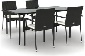 vidaXL 5 részes fekete polyrattan kerti étkezőgarnitúra párnákkal