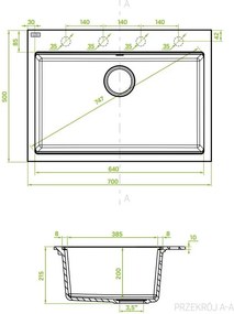 Laveo Tau, 1 rekeszes gránit mosogató 700x500x215 mm, fehér, LAV-SBT_6107