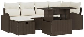 7 részes kert kanapé szett párnákkal, barna poli rattan, 2 személyes kert kanapé tárolóval és párnákkal barna poli rattan