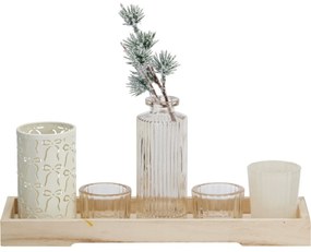 Gyertyatartó szett fa tálcán Winter Time, 6 db,10,5 x 32,5 cm