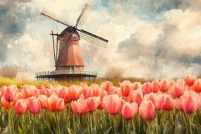 Vászonkép Canvas Tájkép Hollandia Tulipánok Szélmalom 60x40