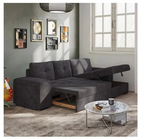 PALERMO jobbos, fekete kihúzható kanapé tárolóval és puffal