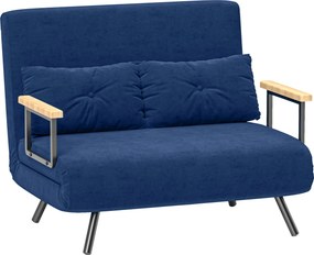 HOMCOM 2-Fős Állítható Háttámlás Kanapéágy, Kihajtható Kétfős Kanapéágy 2 Párnával a Nappaliba, Kárpitozott Szövet, Acél és Fa, 102x73x81 cm, Kék | Ao