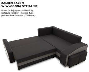 Grande sarokkanapé polcokkal és puffokkal , polc a bal karfaban puffok a jobb karfaban, jobboldali, szövet anyag, bonell töltet, fekete - szürke