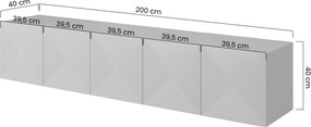 Asha falra szerelhető TV szekrény 200 cm, bordázott előlap - matt fekete