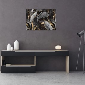Kép - Trópusi levelek fekete és arany színben (üvegen) (70x50 cm)