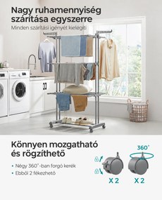 SONGMICS 4 szintes összecsukható ruhaszárító állvány, 3 szárítószinttel, cipőtartóval és görgőkkel, 126 x 64 x 172 cm, max. 35 kg, szürke
