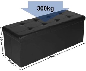 Összecsukható műbőr pad tárolóval, fekete, 110x38x38 cm