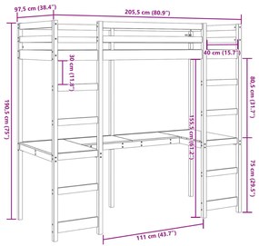 viaszbarna tömör fenyőfa galéria ágykeret íróasztallal 90x200cm
