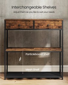 Keskeny konzolasztal 2 fiókkal, 3 szintes, rusztikus barna és fekete színben