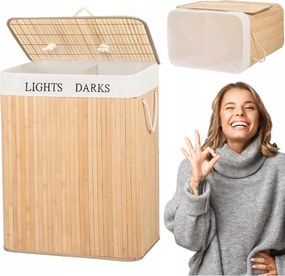 Bambusz Szennyestartó Kosár Fedővel Kétrekeszes Nagy 100L