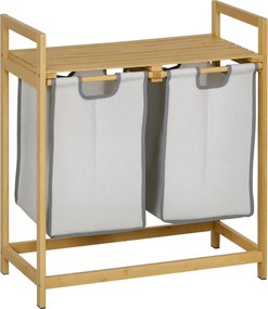 HOMCOM Bambusz Mosókosár Kétrekeszes Ruháskosár 2 Visszavehető Táskával és Polccal 20kg Terhelhetőség 2x40,6L Fürdőszobába és Hálószobába 64x33x73 cm