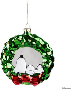 PEANUTS üveg karácsonyfadísz, Snoopy koszorúban, 11  cm