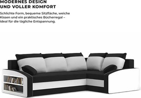 Grande sarokkanapé polcokkal , polc a bal karfaban, jobboldali, szövet anyag, hab töltet, fekete - fehér