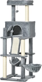 PawHut Macska Kaparófa Felnőtt Macskák és Kiscicák Számára Zsineg Posztokkal, Házzal, Pihenőfelülettel és Plüss Hintákkal, 48x48x140cm, Szürke | Aosom