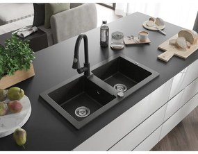 Mexen Mario, 2-kamrás gránit mosogató 820x436x161 mm és Elia mosogató csaptelep, fekete-arany metál, 6504-75-670101-70