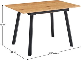 Kihúzható étkezőasztal, 120-160x80 cm, tölgy/fekete, DIRAN