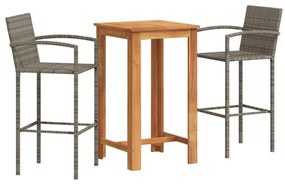 vidaXL 3 részes szürke tömör akácfa és polyrattan kerti bárszett