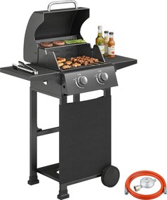 Outsunny 5,4 kW 2-égős propán gázgrill kocsi – acél BBQ, összecsukható oldalasztalokkal, fedélhőmérővel, krómozott sütőrácsokkal, melegentartó rácssal