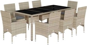 vidaXL 9 részes szürke polyrattan/üveg kerti étkezőgarnitúra párnákkal
