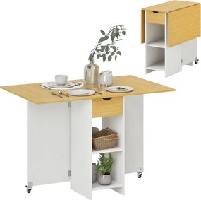 HOMCOM Összecsukható Étkezőtábla, Kihajtható Asztal 2-4 Főnek, Modern Helytakarékos Konyhai Asztal Fiókkal, 2 Polccal és 2 Kerekekkel, Tölgy Színben,