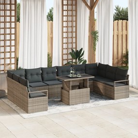 11 darabos Kerti Sofa Szett Párnákkal Szürke Poli Rattan, 2-Fős Kerti Sofa Tárolóval és Párnákkal Szürke Poli Rattan