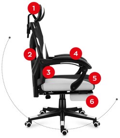 Gamer szék ergonomikus lábtartóval, fekvőtámasz , fekete-fehér.