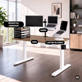 Elektromos, állítható magasságú, ergonomikus, fehér/dió íróasztal,1200x600 mm: ARIA