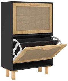 fekete szerelt fa és természetes rattan cipőszekrény 52x25x80cm